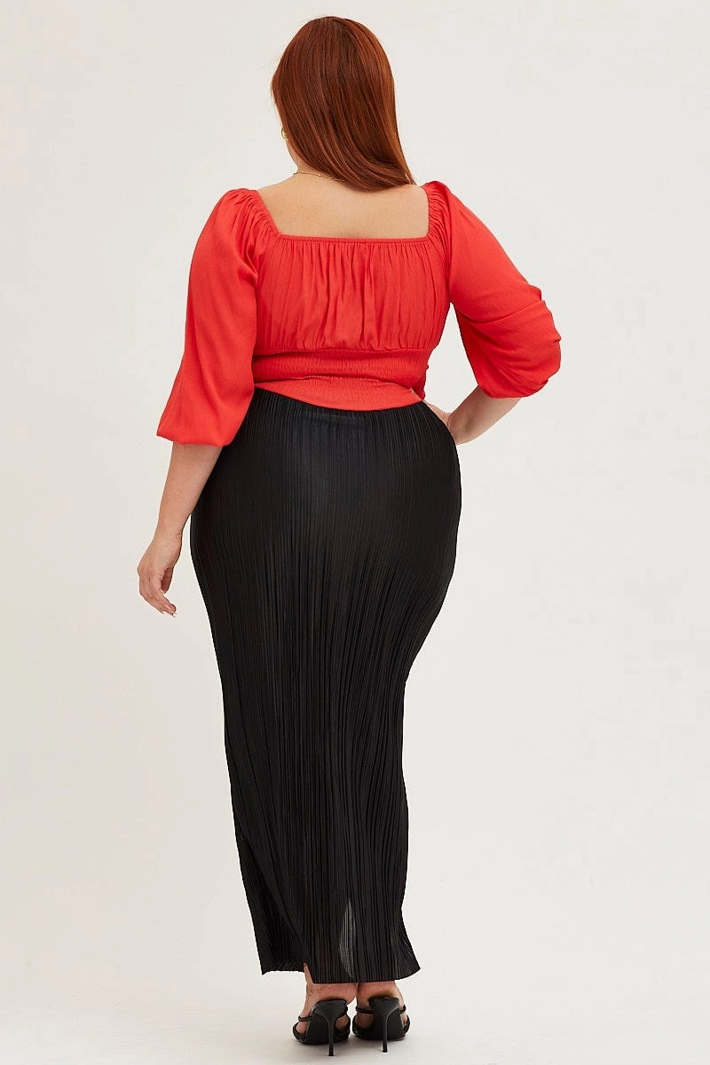 Bold Finish Black Plisse Split Midi Skirt