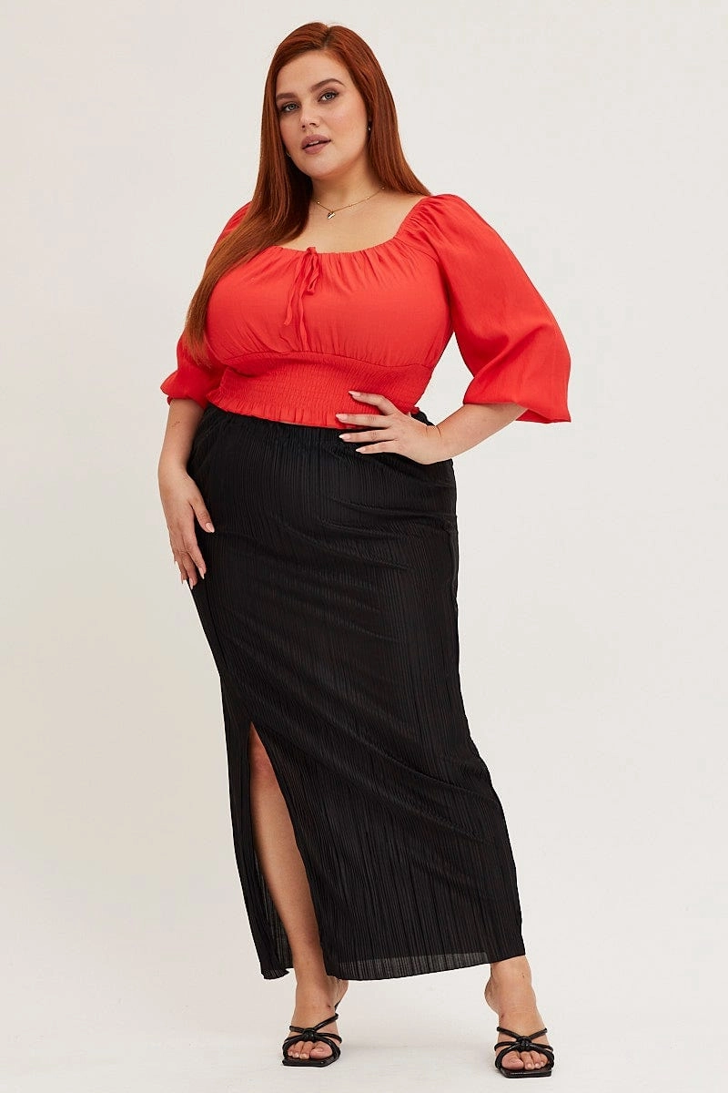 Black Plisse Split Midi Skirt Outfit Focused Soft Styling