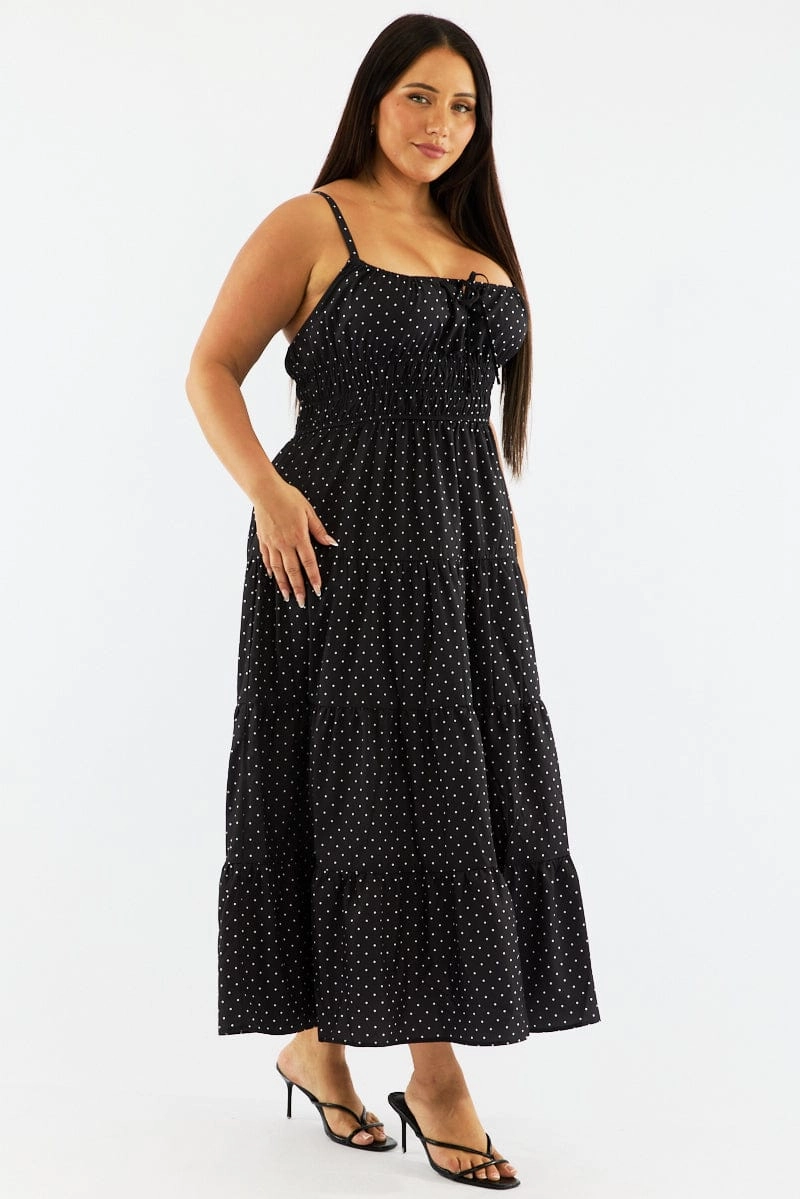 Cool Simplicity Elegant Everyday Black Polka Dot Maxi Dress Sleeveless Tiered Ruched Bust