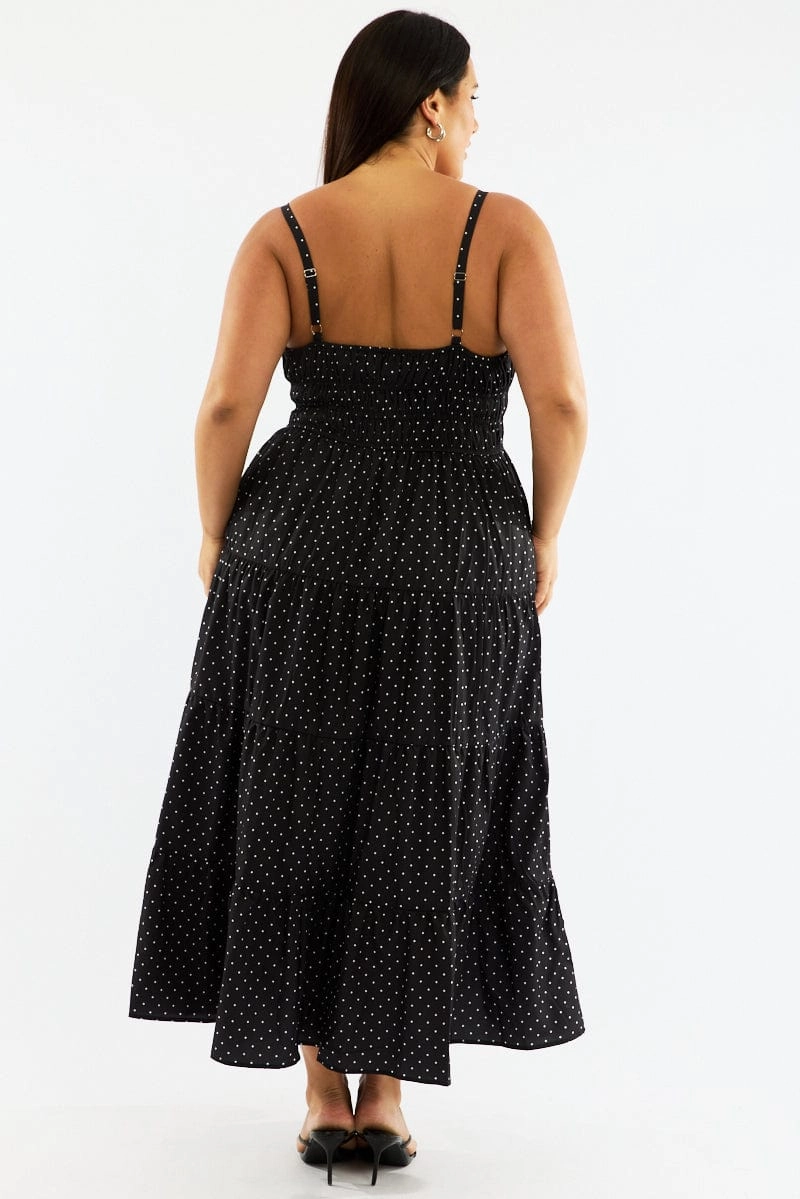 Black Polka Dot Maxi Dress Sleeveless Tiered Ruched Bust Soft Texture Transitional-Wear