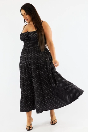 Fresh Outfit Active Moments Black Polka Dot Maxi Dress Sleeveless Tiered Ruched Bust