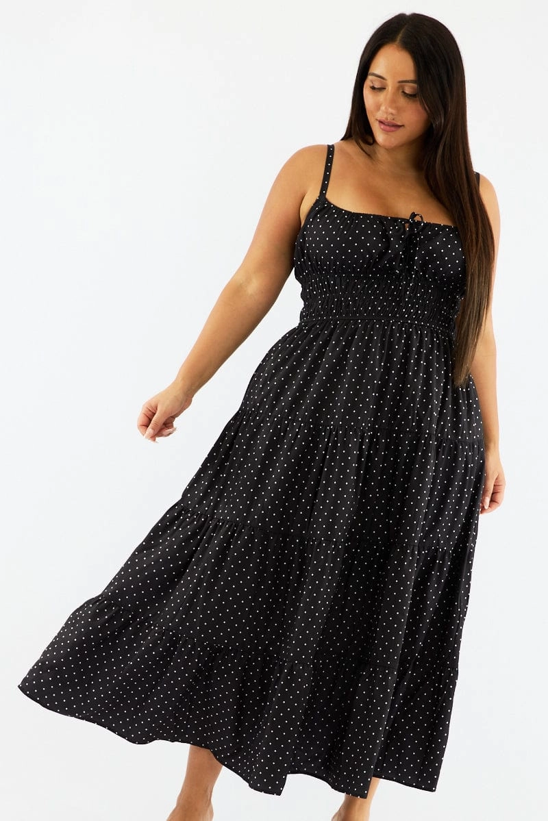 Black Polka Dot Maxi Dress Sleeveless Tiered Ruched Bust MoistureWickingTechnology