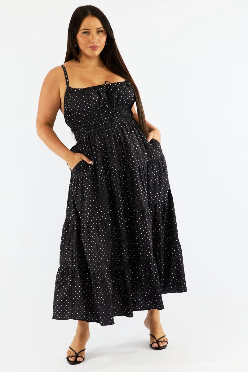 Black Polka Dot Maxi Dress Sleeveless Tiered Ruched Bust Matte Fabric