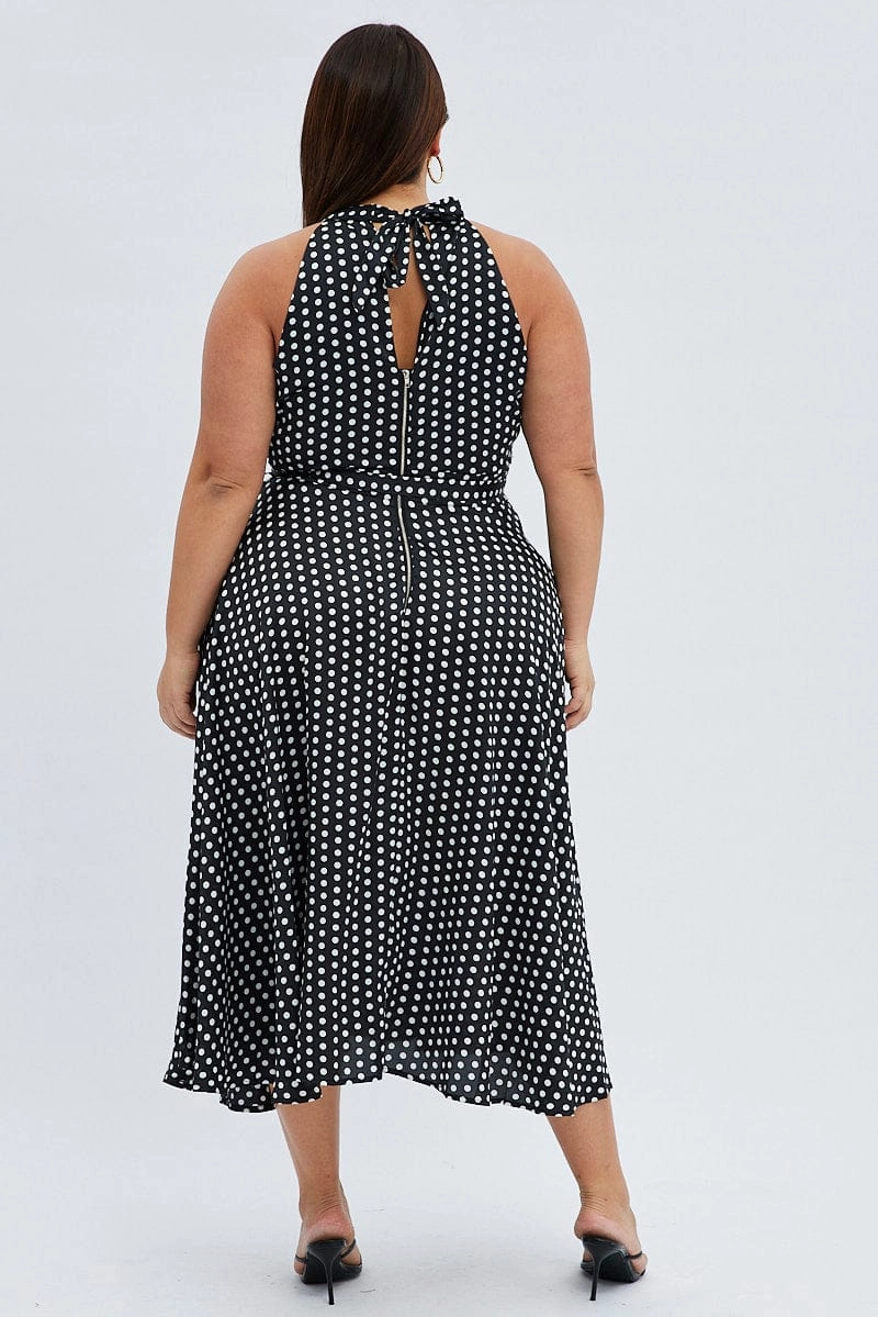 One Piece Look Black Polka Dot Midi Dress Sleeveless High Neck Satin