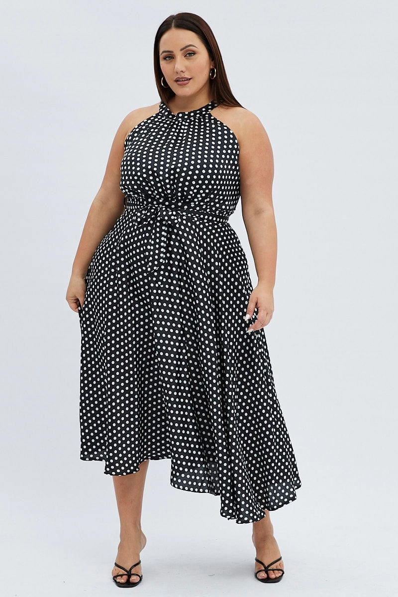 Black Polka Dot Midi Dress Sleeveless High Neck Satin Refined Style Relaxed Finish