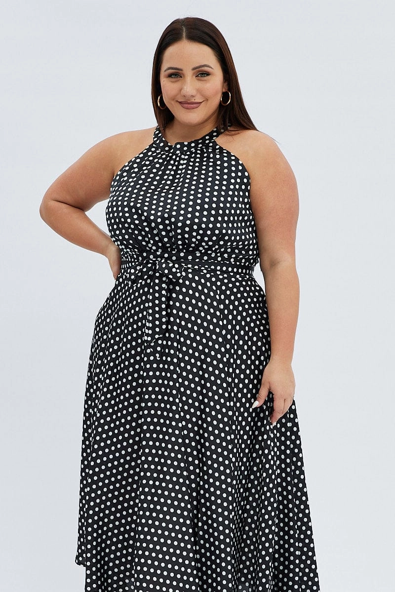 Office Wear Black Polka Dot Midi Dress Sleeveless High Neck Satin