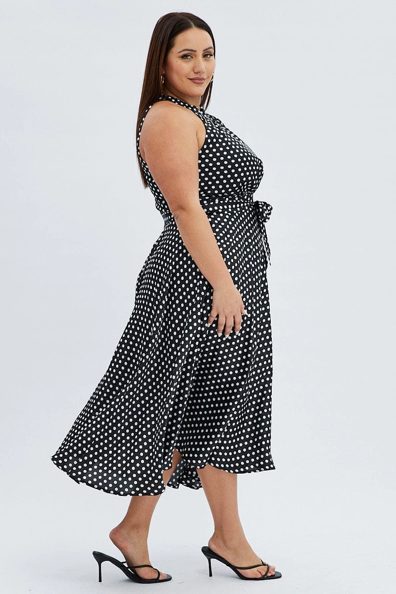 Brunch Tone Soft Composition Black Polka Dot Midi Dress Sleeveless High Neck Satin