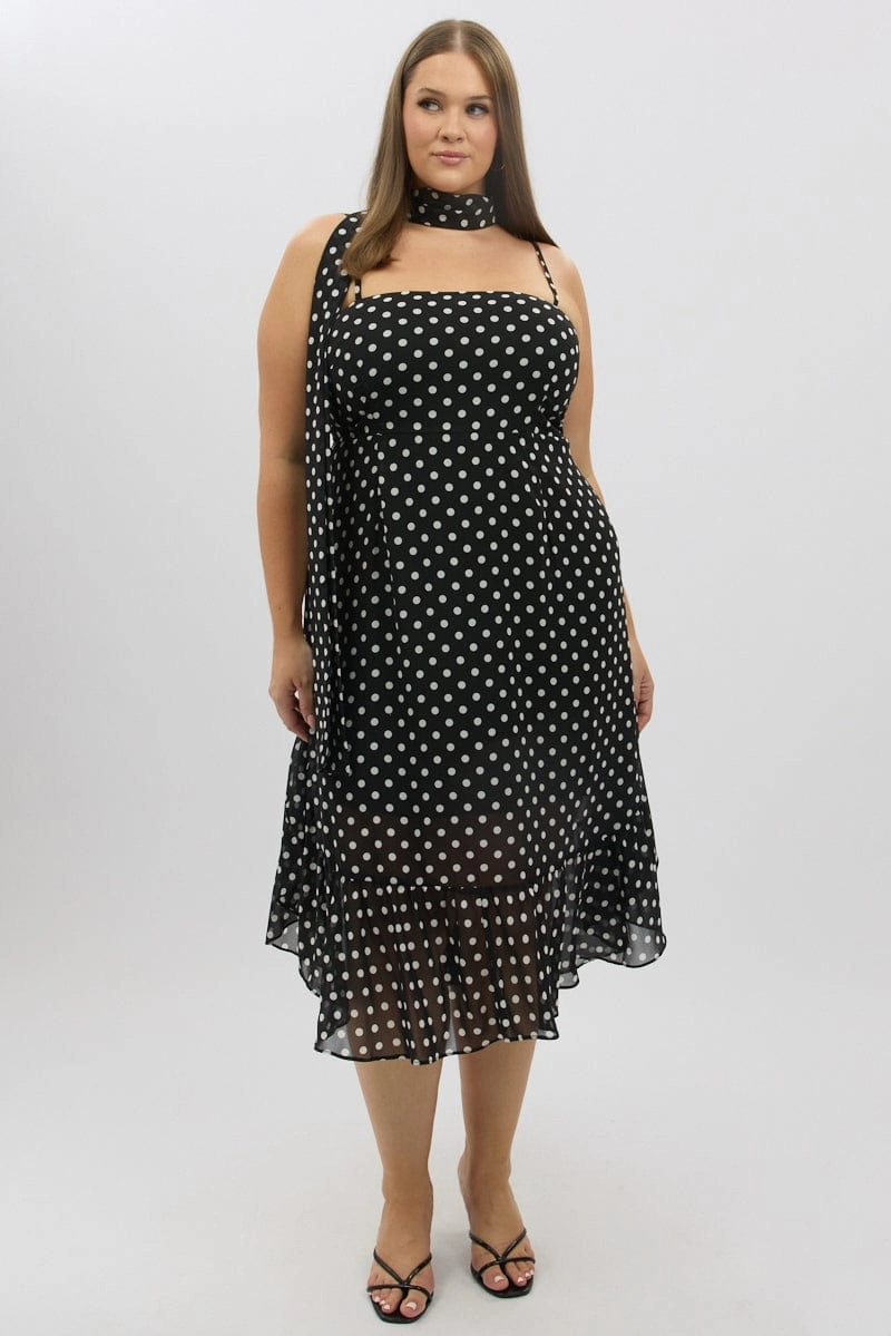 Open-back Edgy-Look Black Polka Dot Midi Dress Sleeveless Ruffle with Scarf