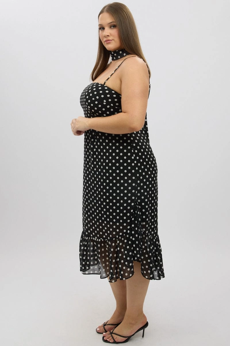 Black Polka Dot Midi Dress Sleeveless Ruffle with Scarf Clean Structure