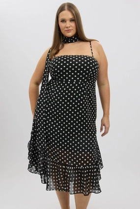 Black Polka Dot Midi Dress Sleeveless Ruffle with Scarf Summer Air