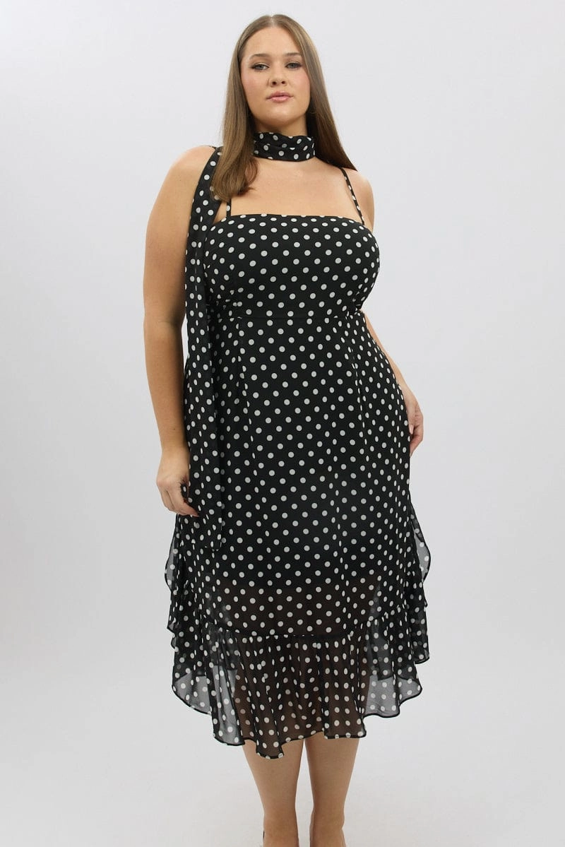 Black Polka Dot Midi Dress Sleeveless Ruffle with Scarf Grab Quick Signature-Style