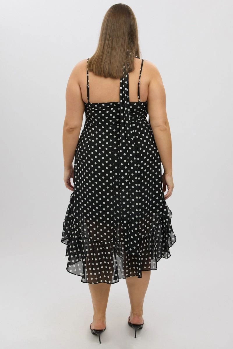 Black Polka Dot Midi Dress Sleeveless Ruffle with Scarf Street Flex