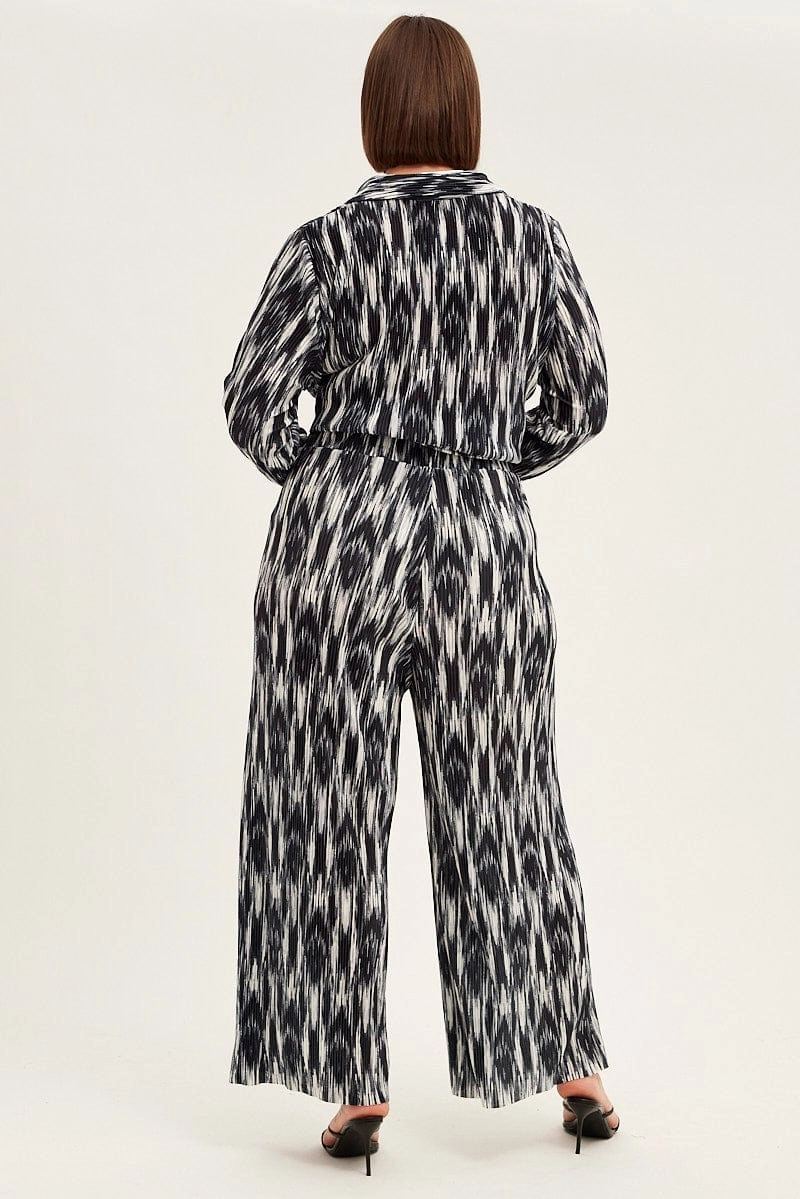 Black Print Plisse Pants Wide Leg High Rise Belt loops Customizable length
