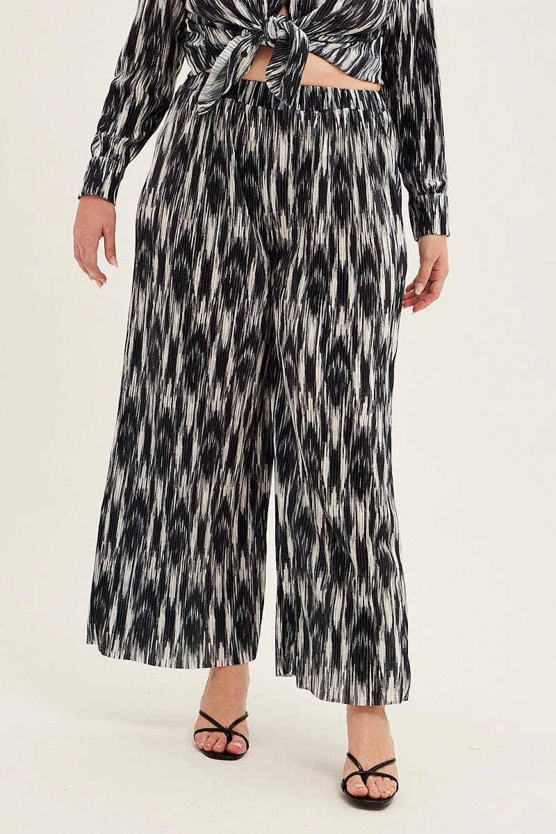 Black Print Plisse Pants Wide Leg High Rise Soft Interior