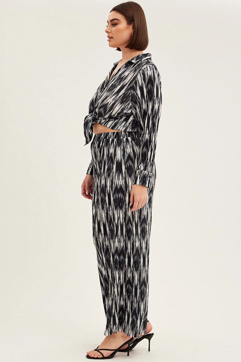 Zip Pocket Black Print Plisse Pants Wide Leg High Rise