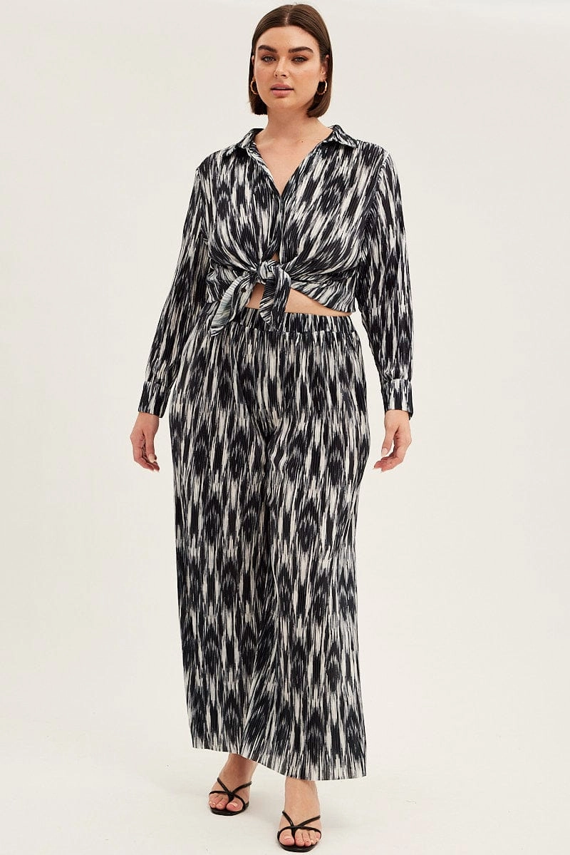 Black Print Plisse Pants Wide Leg High Rise TearResistantPanels Active Lifestyle