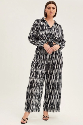 Black Print Plisse Pants Wide Leg High Rise Tight Waist Seam-Free