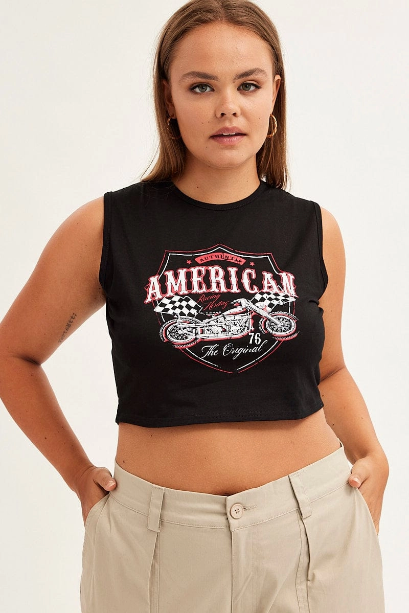 ReinforcedNeckline Black Print Tank Top American Graphic Sleeveless Jersey