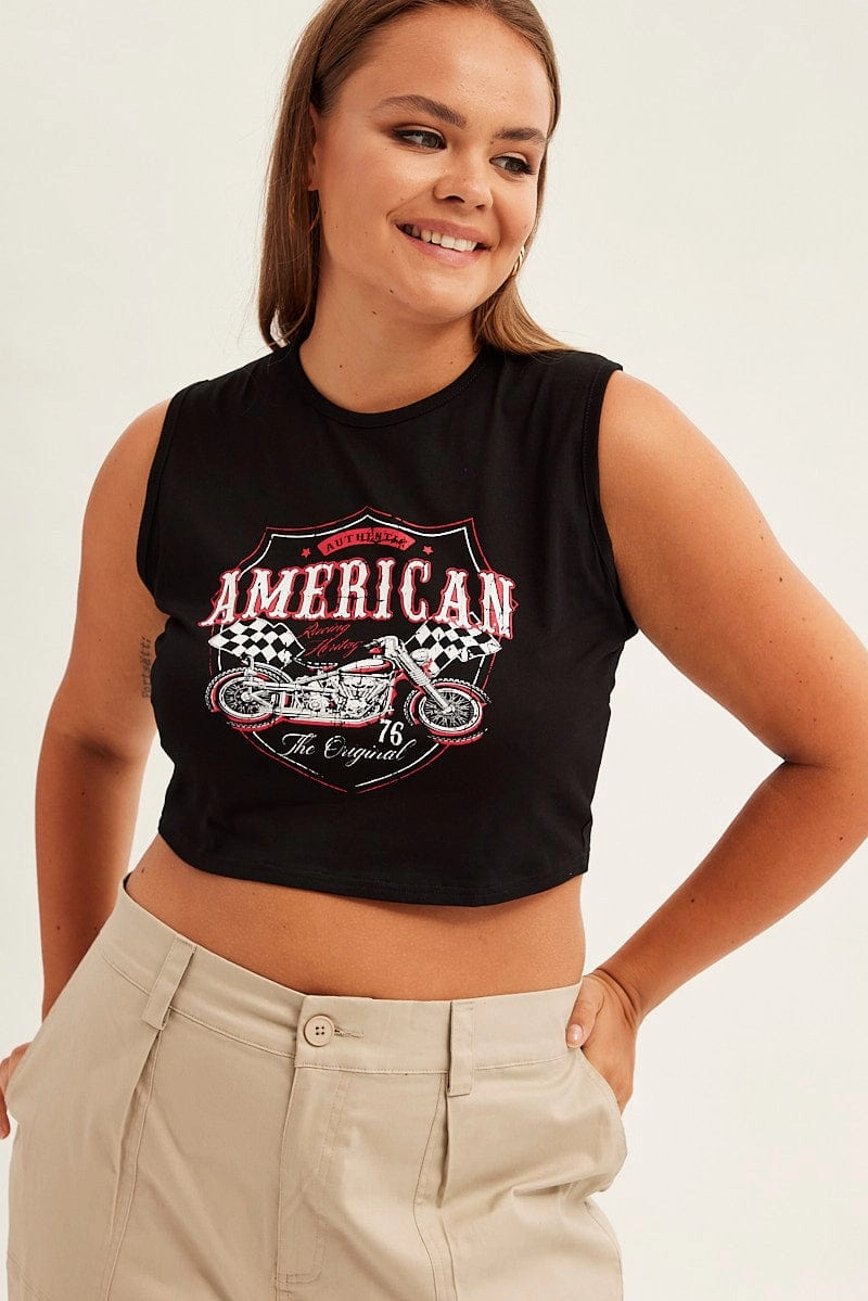 Black Print Tank Top American Graphic Sleeveless Jersey simple design