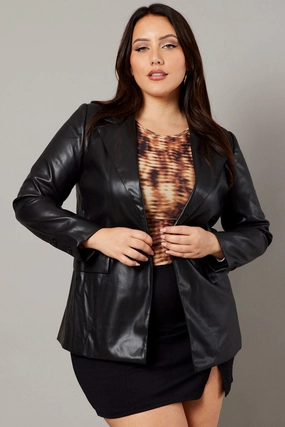 Functional Piece Seam Sealed Construction Black Pu Blazer