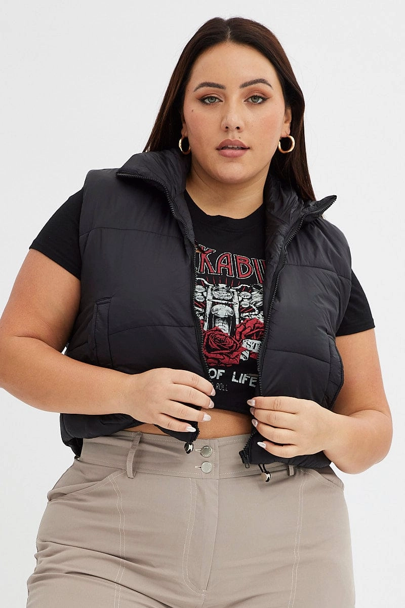 Black Puffer Vest Sleeveless Crop color block Matte Finish