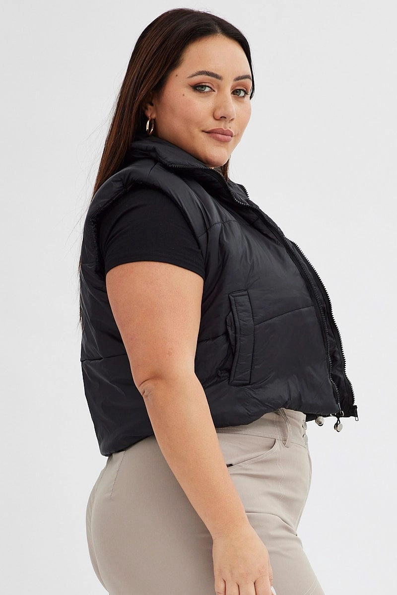 Black Puffer Vest Sleeveless Crop Insulated Warmth