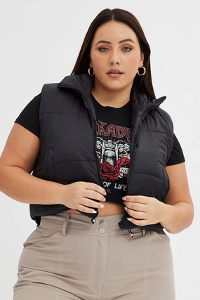 Black Puffer Vest Sleeveless Crop color block Matte Finish