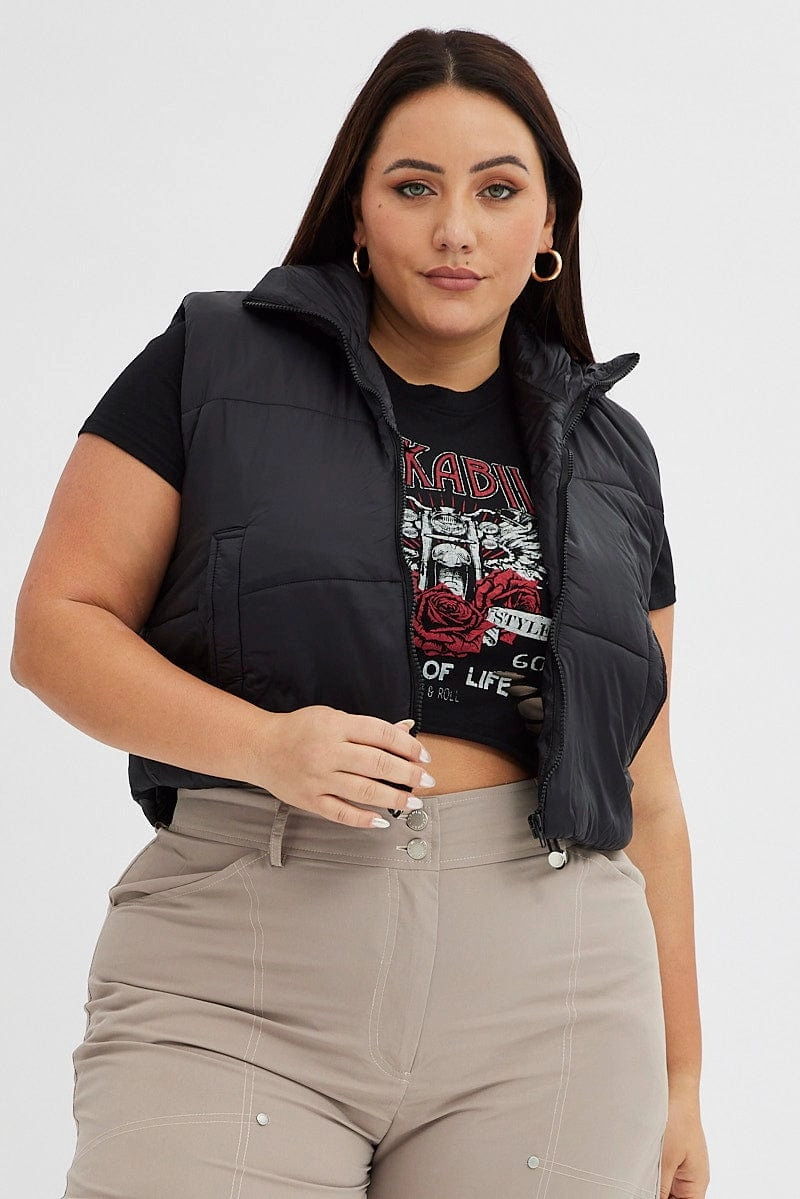 Black Puffer Vest Sleeveless Crop All Day Comfort Design