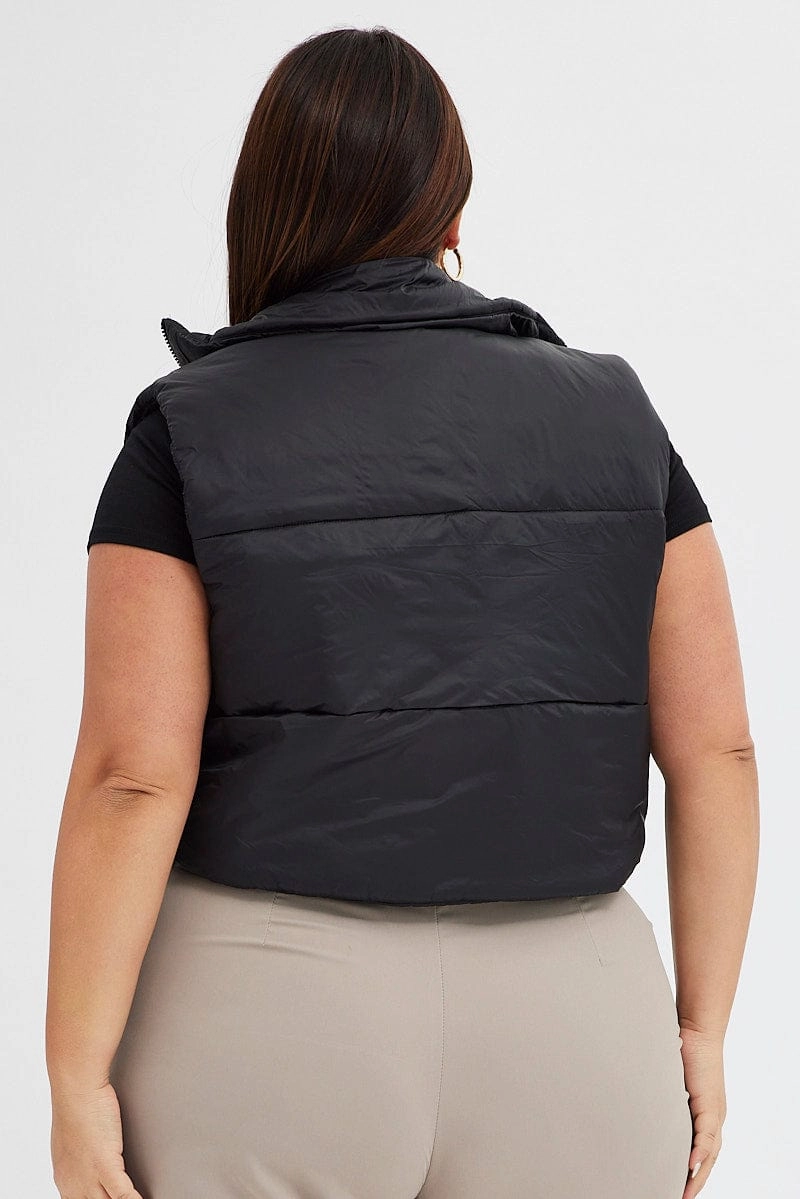 Softshell Coating Black Puffer Vest Sleeveless Crop