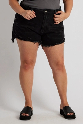 Black Relaxed Denim Shorts High Rise elastic waistband UPF Protection