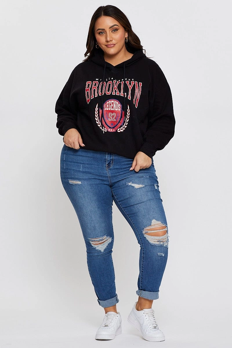 Black Relaxed Hoodie Brooklyn Graphic Long Sleeve Fleece Youthful Vibe