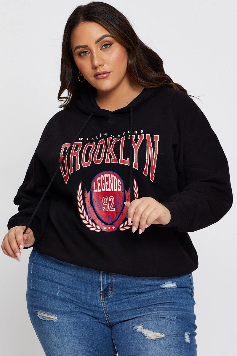 Black Relaxed Hoodie Brooklyn Graphic Long Sleeve Fleece Relaxed Style