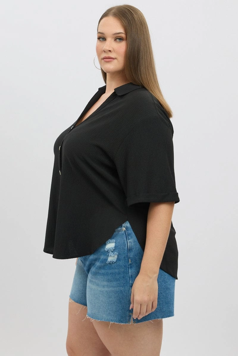 Job Interview Black Relaxed Shirt Short Sleeve Textured
