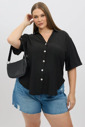 Stylish Comfort Layering Essential Black Relaxed Shirt Short Sleeve Textured