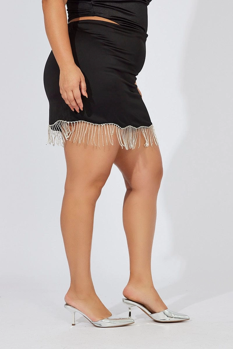 Black Rhinestone Mini Skirt Twist Knot Details Neat Look