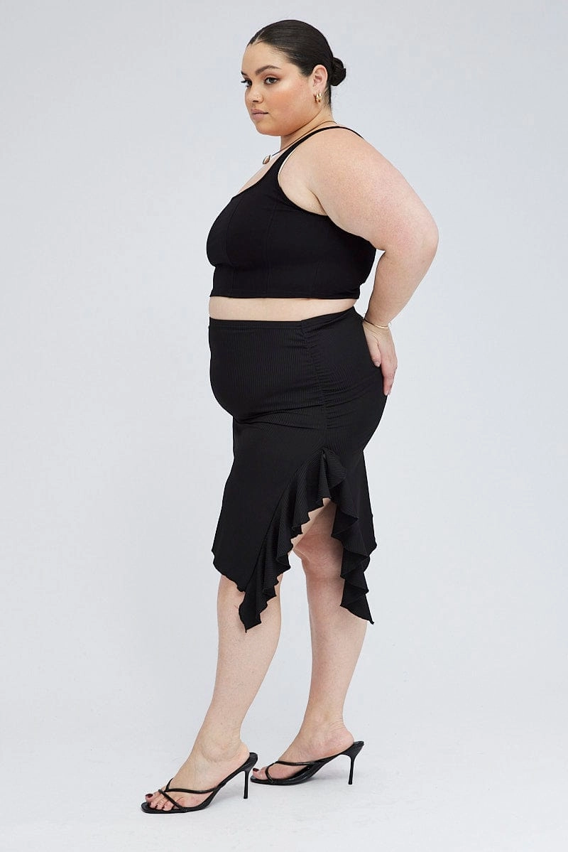 Black Rib Jersey Frill Skirt Runway Inspired Laidback Mood