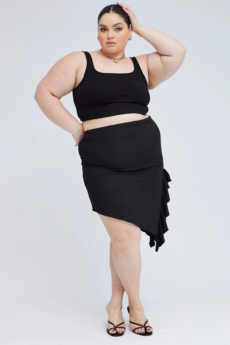 Retro Style Black Rib Jersey Frill Skirt