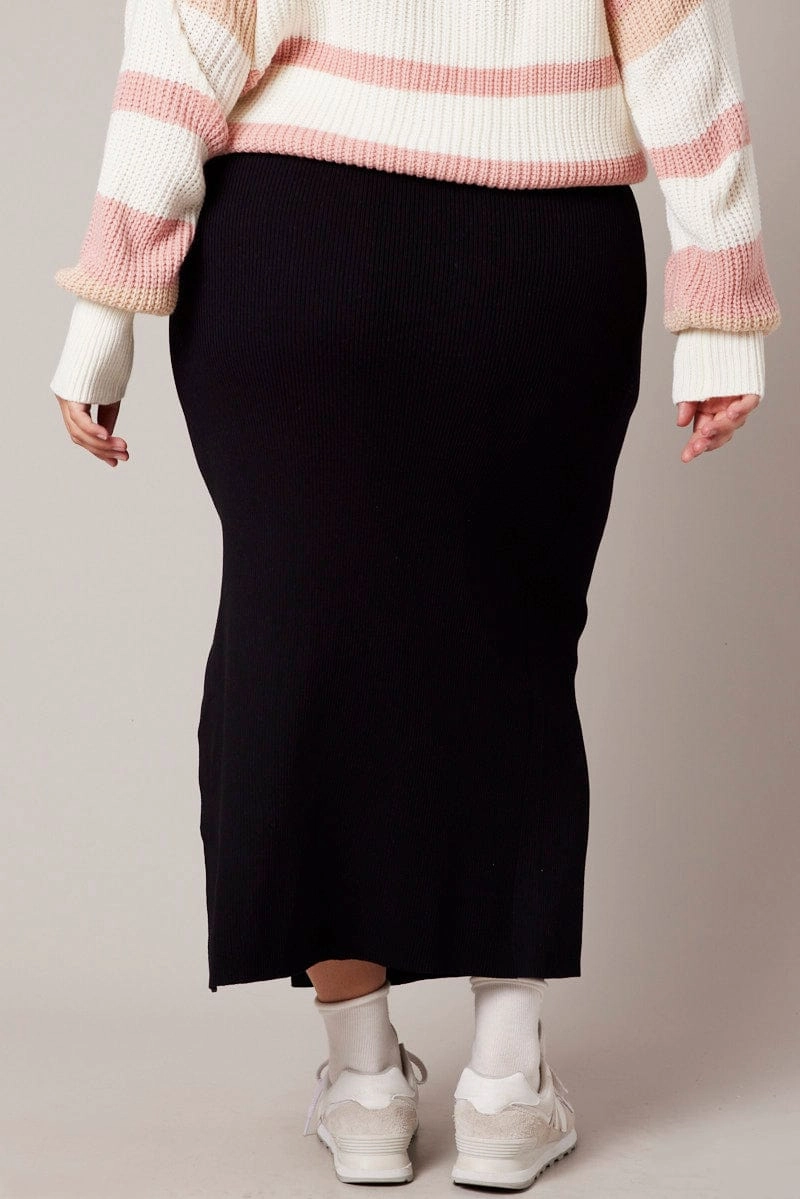 Emerging Designer Black Rib Knit One Split Skirt