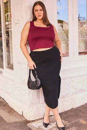 Black Rib Knit One Split Skirt Artisanal Craft Street Attire