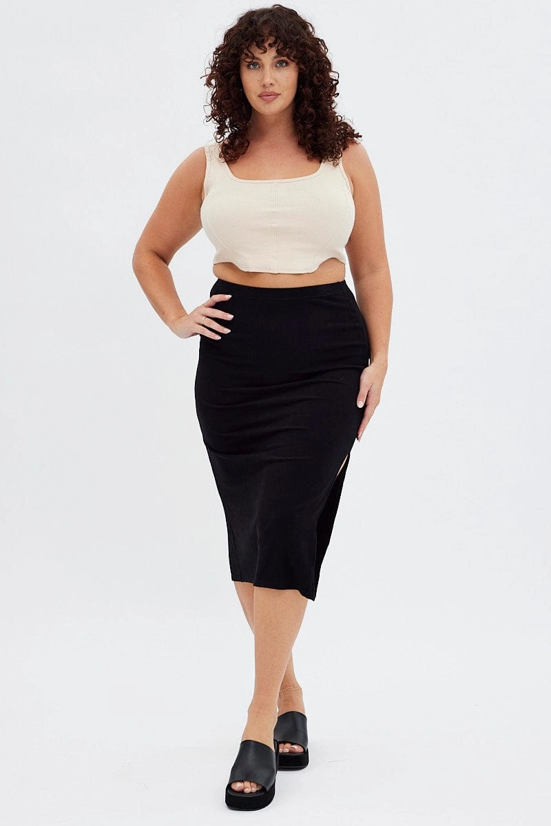 Black Rib Midi Skirt Drawstring Ruched Smart Edge