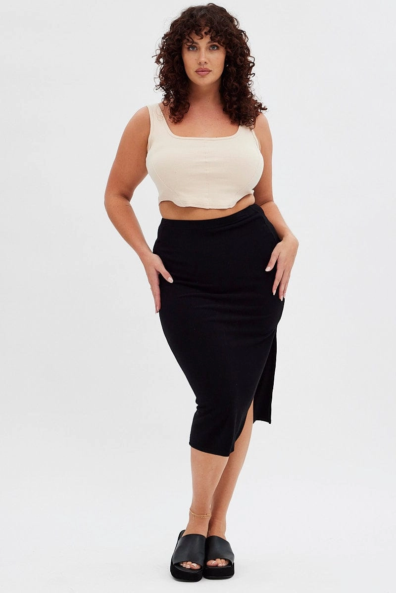 Black Rib Midi Skirt Drawstring Ruched Machine wash safe Essential Style