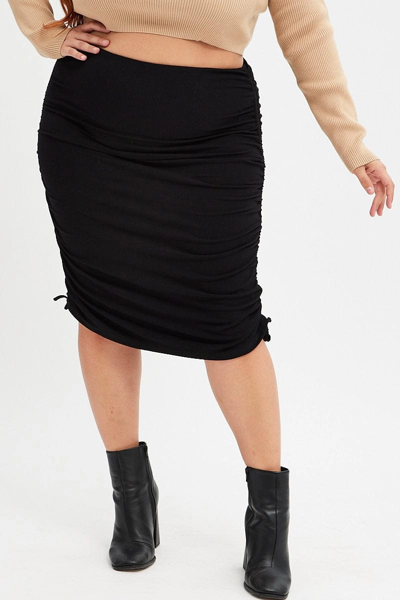 Waist Defining Stretch Comfort Black Rib Skirt Jersey Drawstring Side Knee Length