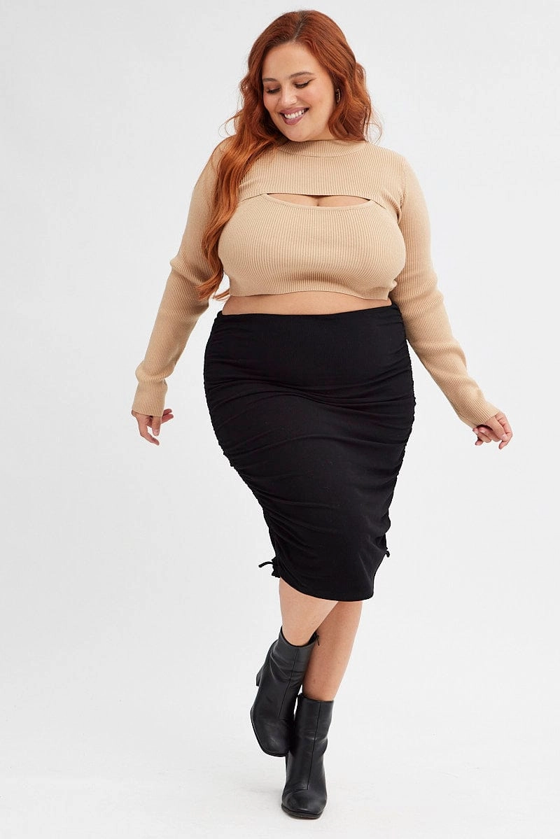 Classic Fit Wedding guest Black Rib Skirt Jersey Drawstring Side Knee Length