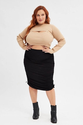 Thermoregulating Fabric Spring Must Have Black Rib Skirt Jersey Drawstring Side Knee Length