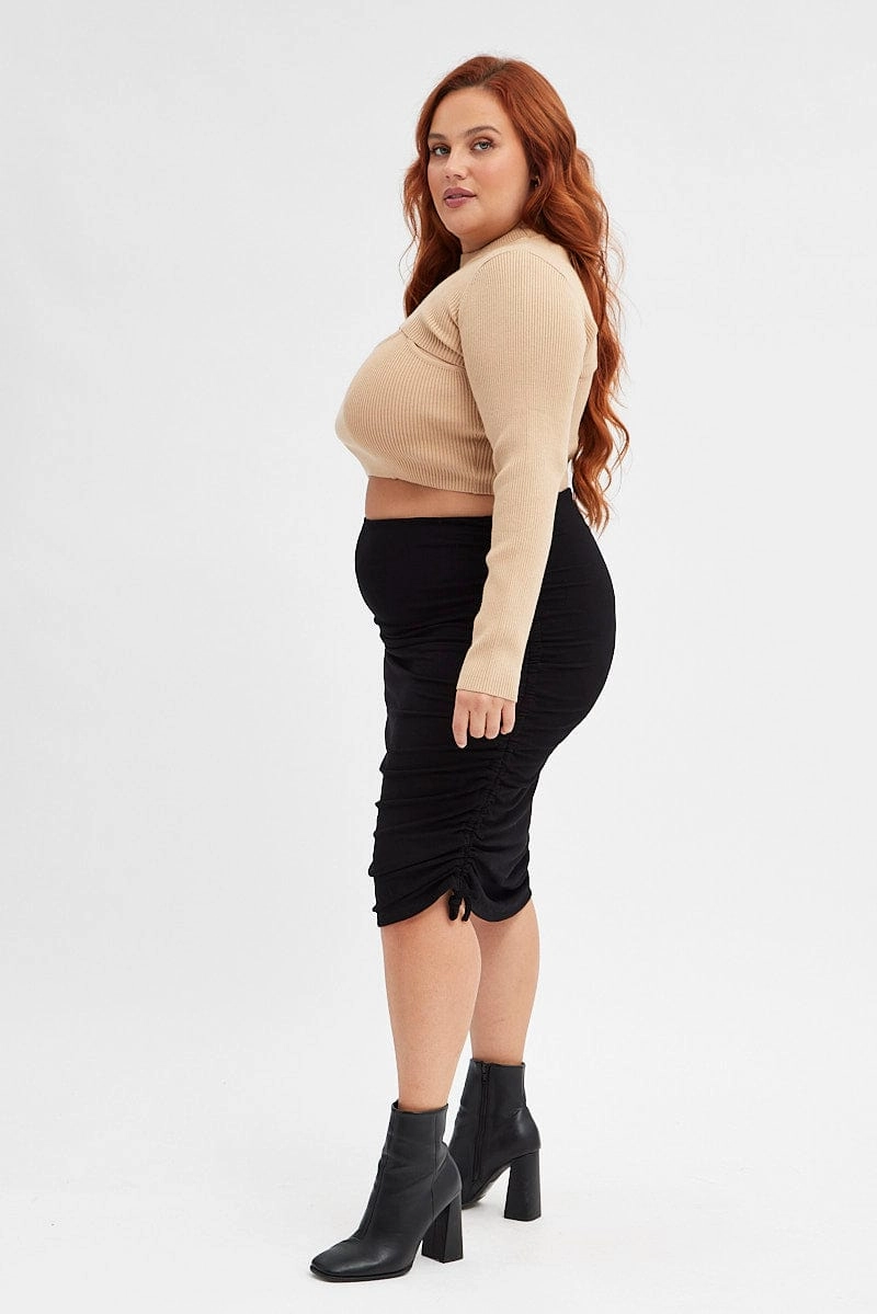 Black Rib Skirt Jersey Drawstring Side Knee Length Soft Movement