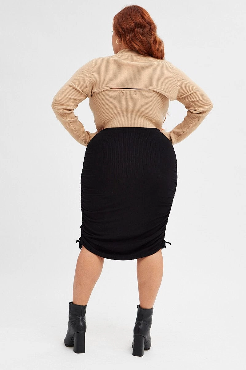 Laid Back Look Bold Edge Black Rib Skirt Jersey Drawstring Side Knee Length