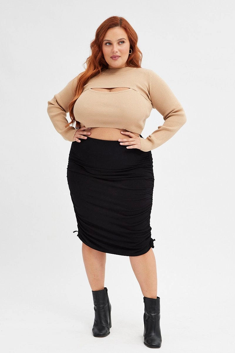 Thermoregulating Fabric Spring Must Have Black Rib Skirt Jersey Drawstring Side Knee Length