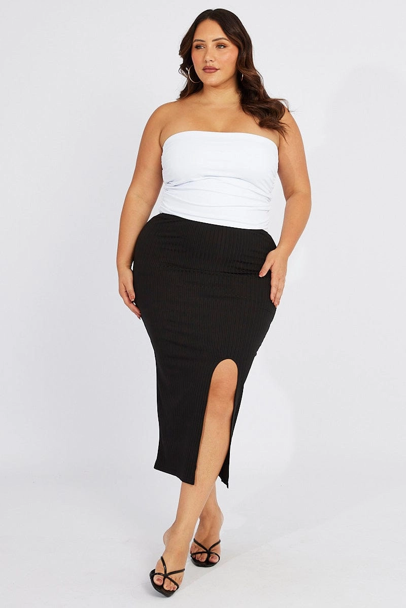 Black Rib Split Skirt Smooth Look