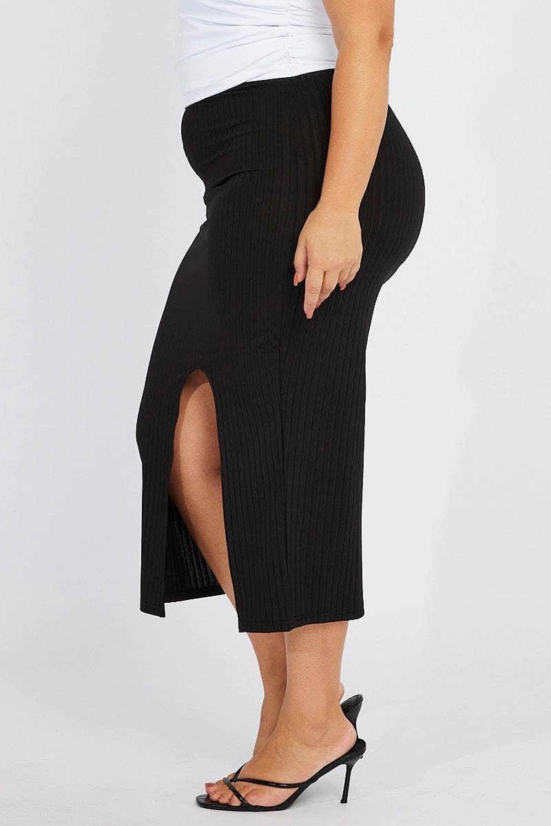 Fashion Style Clean Finish Black Rib Split Skirt