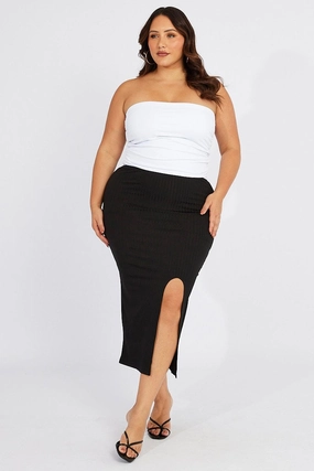 Black Rib Split Skirt Smooth Look